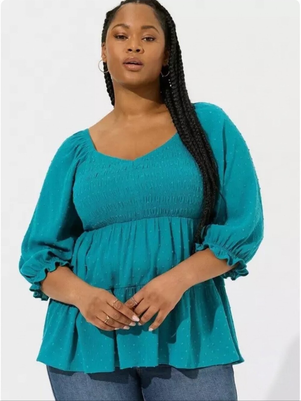Torrid Plus Crinkle Gauze Smoked 3/4 Blouson Tiered Sweetheart Top Biscay Bay 1X